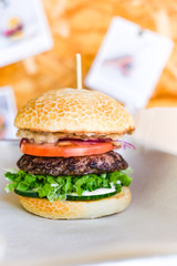 powerful burgers with juicy cutlets, fresh vegetables and crispy buns.