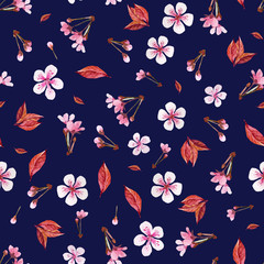 Flowers, buds and leaves Japanese cherry pattern on dark blue. Watercolor seamless. Ideal for packaging eco-friendly products, scrapbooking, eco-style party design, card, invitations, congratulations