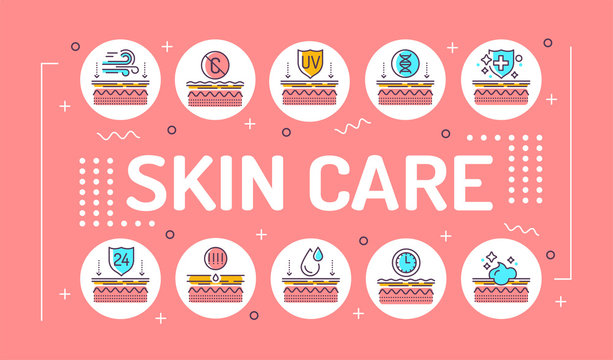 Skin care word lettering typography. Exposure to skin external factors, aging, care, genetics. Infographics with linear icons on pink background. Isolated outline color illustration.