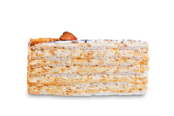 Esterhazy cake decorated with almonds on a white isolated background