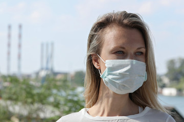 Coronavirus Protection routine.Prevention. Woman wearing hygienic medical mask.