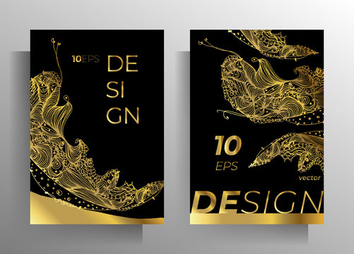Cover design for book, magazine, brochure catalog template set. Hand-drawn graphic elements black with gold. Vector 10 EPS.