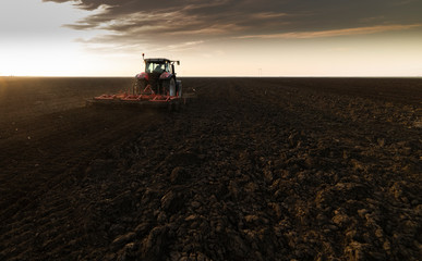 Tractor is preparing the land at dusk