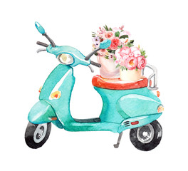 Watercolor hand painted retro hipster scooter with peonies and roses bouquets illustration isolated on white background © Salnikova Studio