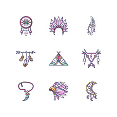 Native american indian accessories RGB color icons set. Tribe chief hat and teepee. Boho style dreamcather. Necklace with tooth, arrow with feathers. Isolated vector illustrations