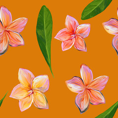 Frangipani Plumeria Tropical Flowers. Seamless Pattern Background. Tropical pink and yellow floral summer seamless pattern orange background with plumeria flowers with leaves.