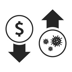The spread of virus impacts the economy. Stock market down on coronavirus fears, Economy down with coronavirus 2019-nCov, Stock market crisis red price arrow down. Vector illustration, dollar down.