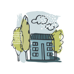 Hand drawn house with tree. Vector sketch  illustration.
