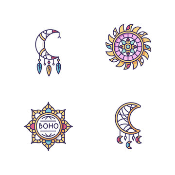 Boho style accessories RGB color icons set. Esoteric amulets. Lotus flower, Indian mandala. Crescent moon shape amulets. Dreamcather handmade charm. Isolated vector illustrations