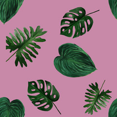 Original seamless tropical pattern with bright green plants and leaves on pink background. Seamless pattern with colorful leaves of colocasia, filodendron, monstera. Exotic wallpaper. Hawaiian style. © Olena
