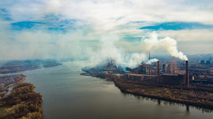 metallurgical production plant full cycle smoke from pipes bad ecology aerial photography