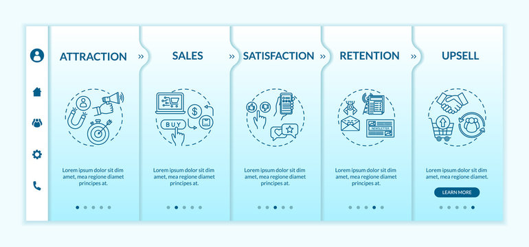 Successful CRM model onboarding vector template. Customer attraction and retention in product promo. Responsive mobile website with icons. Webpage walkthrough step screens. RGB color concept