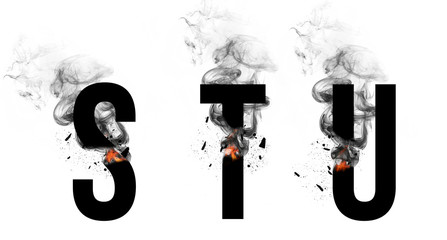 Burning black letters S, T, U. Smoke Font. Alphabet breaks down with small fire and smoke. Illustration. © wesleyyaya