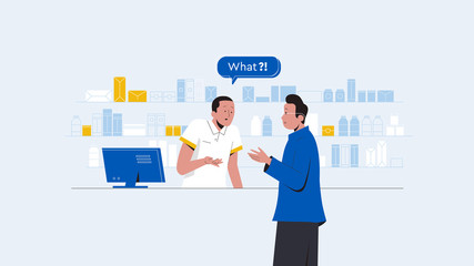 Shop seller assistant having a dialog with a man. Character illustration with speech bubble.