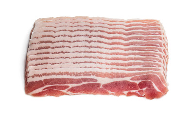 Rows of raw sliced smoked bacon isolated on white