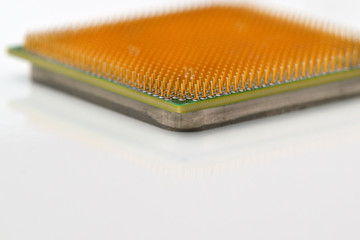 Central processor unit. Golden pins of a core. Copy space. Shallow depth of field. CPU. White...
