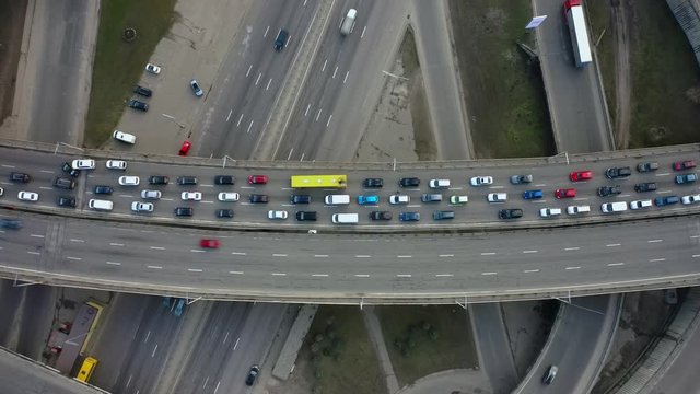 Highway traffic jam due to accident top view.