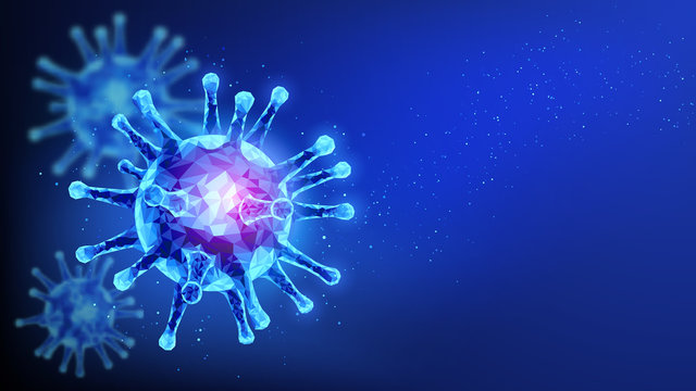 Polygonal image of a virus. Vector. Dark blue abstract background. World pandemic and coronavirus epidemic. Health and immune problems. Place for text.