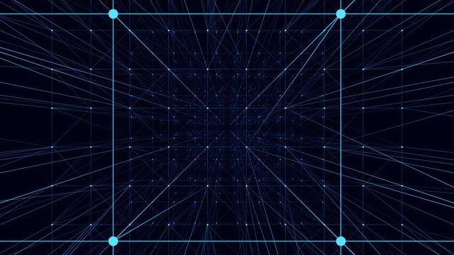 Abstract 3D screensaver. Animated plexus background. The shape of points and lines rotates. A looped video footage. Blue tint.4K.