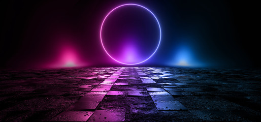 Obraz premium Cosmic Sci Fi Futuristic Circle Round Neon Modern Laser Grunge Rough Cement Tiled Concrete Floor Shaped Lights VIbrant Electric Cyber Virtual 3D Rendering