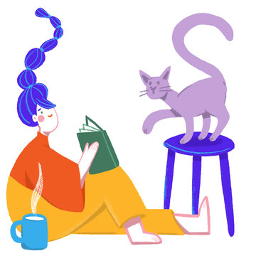 Woman reading with a cat