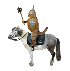 The beige cat warrior in a helmet with a horn with a shield with a bird and a mace rides a gray horse. White background. Isolated.
