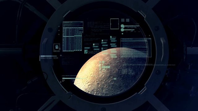 Flight calculations on the background of the moon in the porthole.