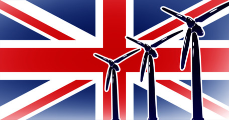 Wind renewable energy in United Kingdom (UK) vector illustration wind turbine on the flag background in colors blue, red, white