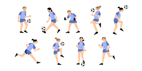 Fototapeta na wymiar Set of women s soccer team wearing blue uniforms in different action poses. Vector illustration in flat cartoon style.