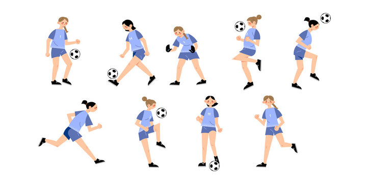 Set of women s soccer team wearing blue uniforms in different action poses. Vector illustration in flat cartoon style.