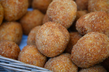 Traditional street food in UK, stuffed Scottish eggs with breadcrumbs