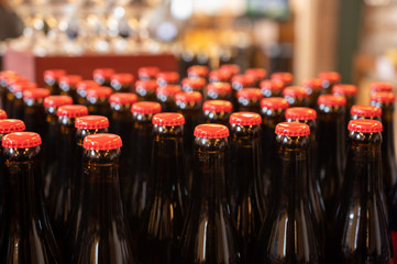 Many Belgian beer bottles in abbey shop