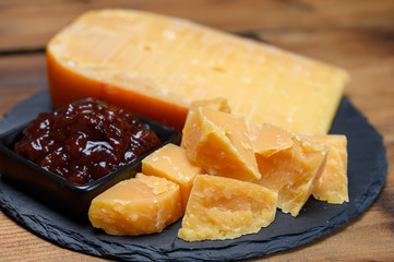 Cheese collection, Dutch old cheese from Terschellinger polder on Wadden islands, Friesland, Netherlands and apple chutney