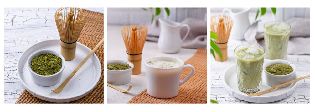 Matcha powder, latte with milk and cold drink.