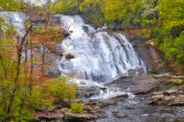 Impressionistic Style Artwork of an Autumn Waterfall