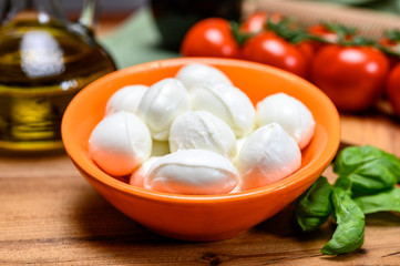 Cheese collection, white mini mozzarella cheese balls for salad or for appetizer snacks