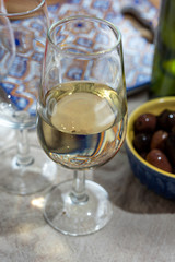 Obraz premium Fortified wine from Andalusia, Spain, different types of sherry in glasses and olives, colors of Andalusisa