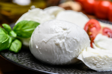 Cheese collection, white italian mozzarella cheese balls for salad or for appetizer snacks from deli shop in New York, USA