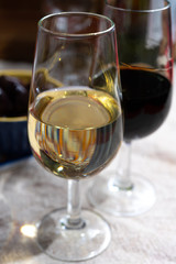 Fortified wine from Andalusia, Spain, different types of sherry in glasses and olives, colors of Andalusisa
