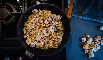 Home cooked mushrooms stewed with spices in a frying pan