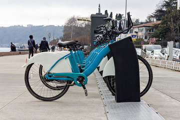 Bike Rental City bikes for rent Rental bicycles. Bicycles rental station outdoor.