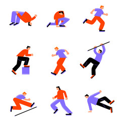 Fototapeta na wymiar Set of various parkour young men running and jumping in different action poses. Vector illustration in flat cartoon style.