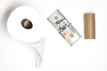 Toilet paper shortage. 100 dollars per roll of toilet paper. Run out of toilet paper. White background with copy space.