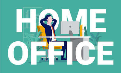 Home office - Man working from home, sitting alone in chair relaxing in front of computer. Businessman remote work, stress free concept. Vector illustration.