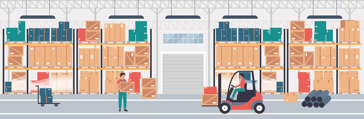 Warehouse logistic center flat vector illustration concept. Workers operate freight with electric car and truck. Parcel and packages on shelves. Logistic delivery service company.