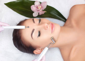 Fototapeta premium The cosmetologist makes the apparatus procedure of Microcurrent therapy for a beautiful, young woman in a beauty salon. Cosmetology and professional skin care.