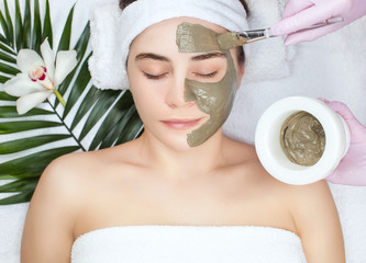 Beautician makes a face clay mask against acne on the face of a woman to rejuvenate the skin....