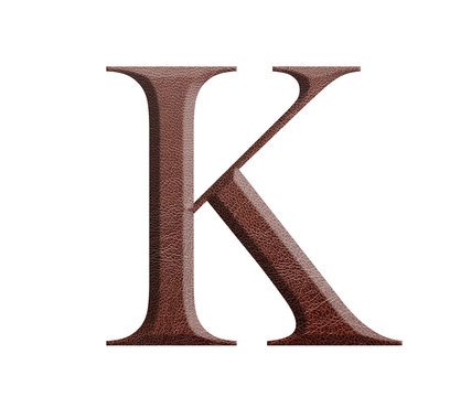 The font english alphabet of brown leather. Letter K  from a brown leather isolated on a white background.