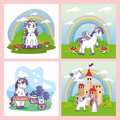 set designs of unicorns and cute icons vector illustration design