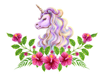 Obraz na płótnie Canvas Portrait mythical unicorn with luxurious mane, floral ornament of roses hibiscus. Watercolor and acrylic painting hand drawn illustration.